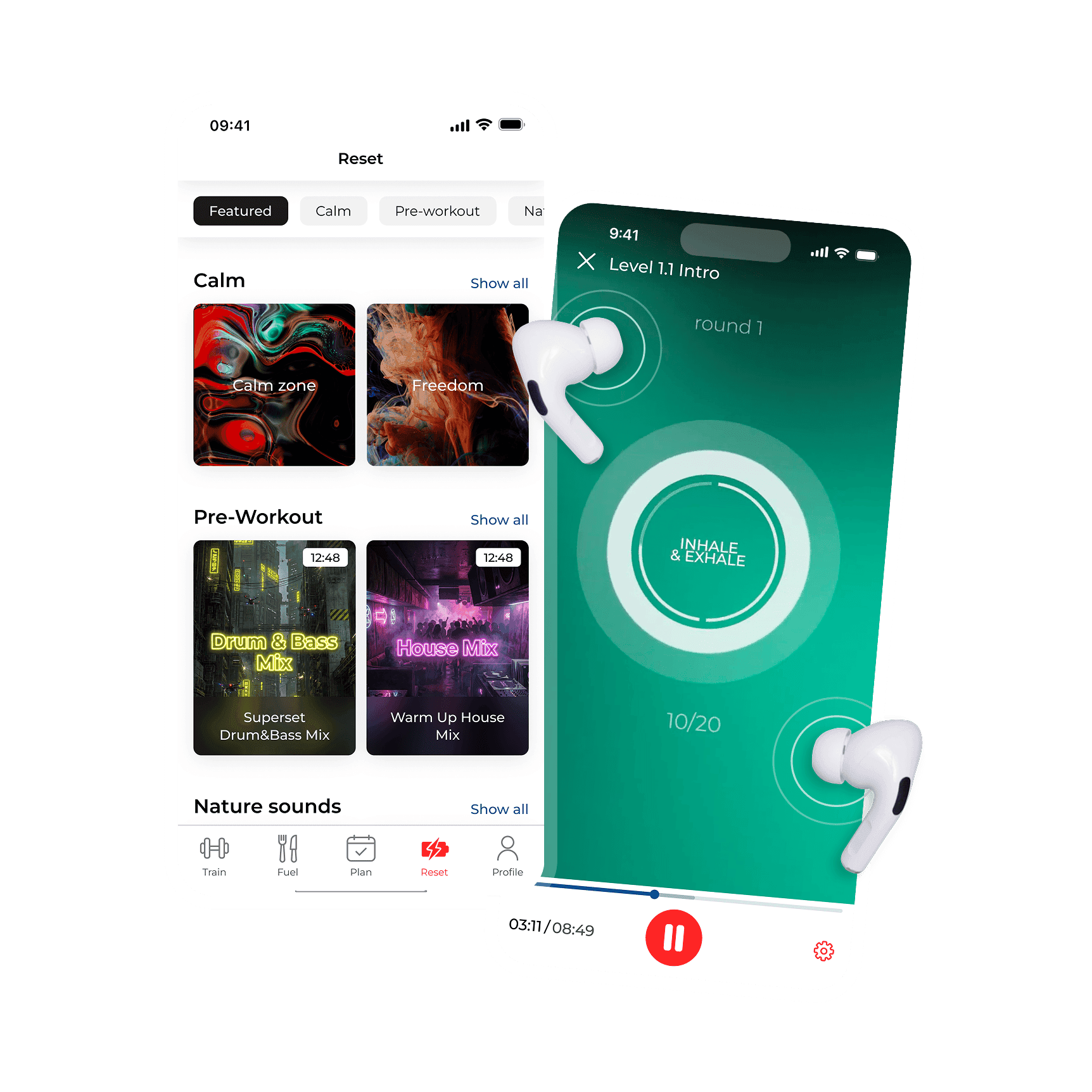 Smartphone with MAXX Nation app — RESET section: sleep sounds, breathwork and pre-workout music