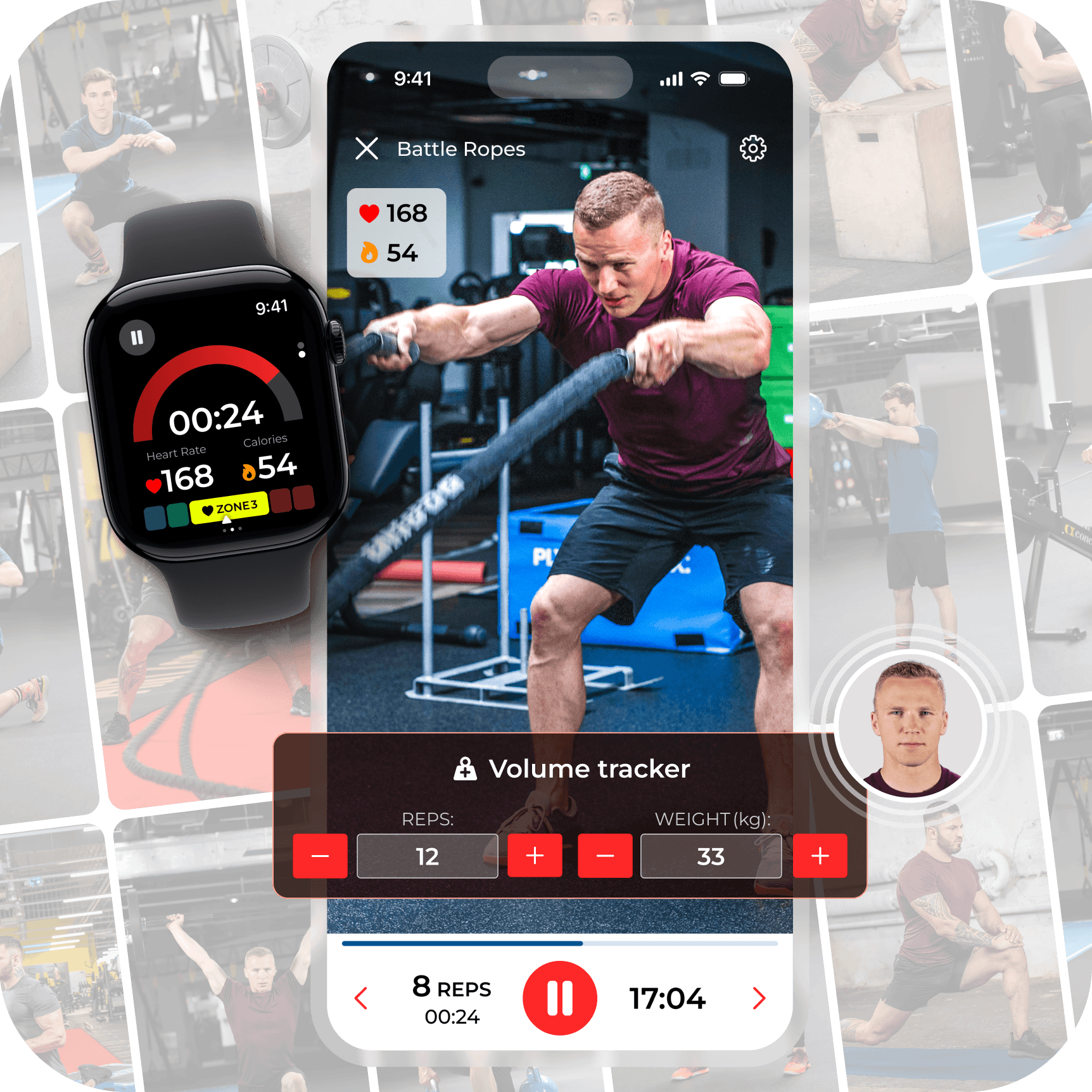 Smartphone with MAXX Nation app — progressive training plan and Apple Watch on wrist